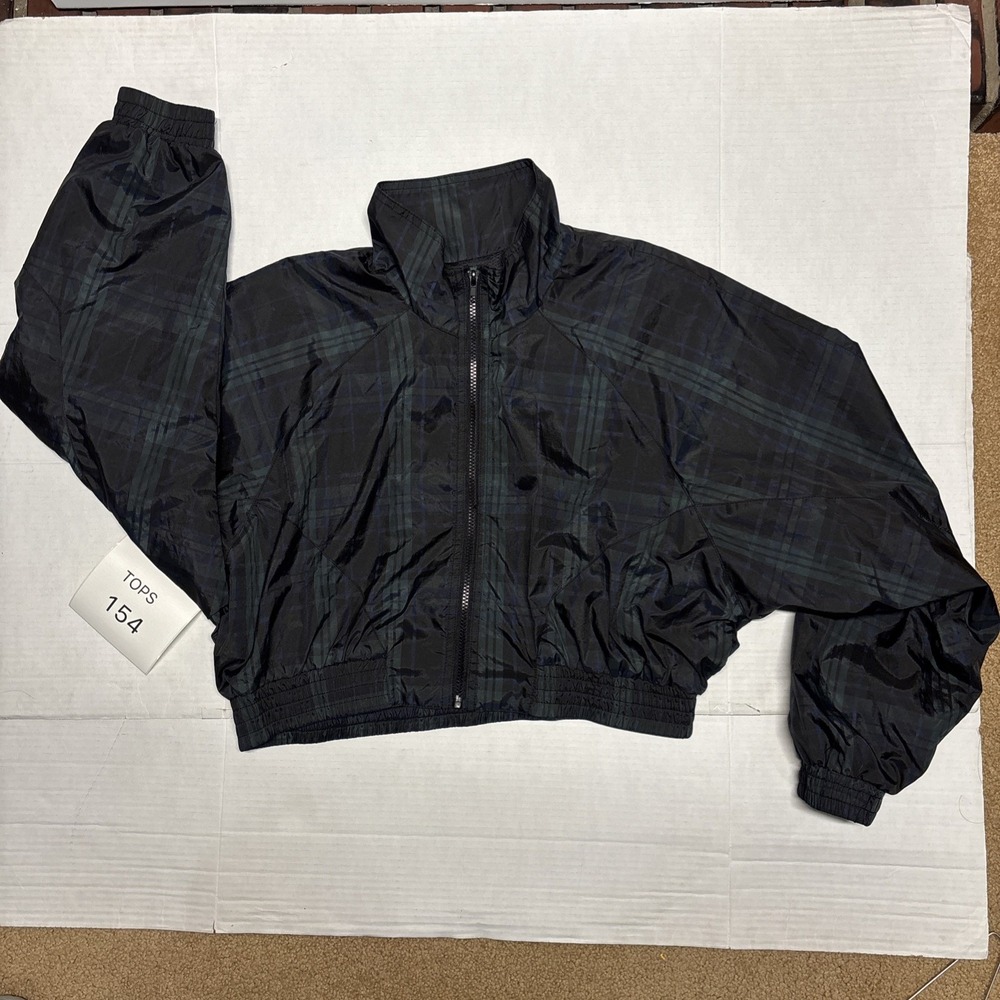 Wild Fable Womens Cropped Plaid Zip Up Jacket Black Green Blue Windbreaker L